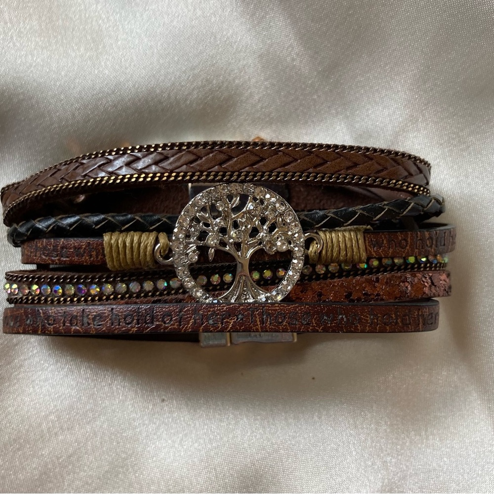 Beautiful Brown Tree of Life Design, 7.5” long with silver magnetized closure